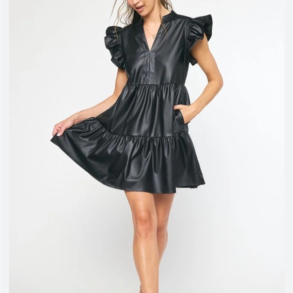 entro Dresses & Skirts - Entro Black Faux Leather Ruffle Mini Dress